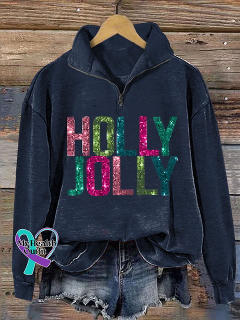 Holly Jolly Glitter Letter Christmas Print Casual Zipper Sweatshirt Navyblue / S