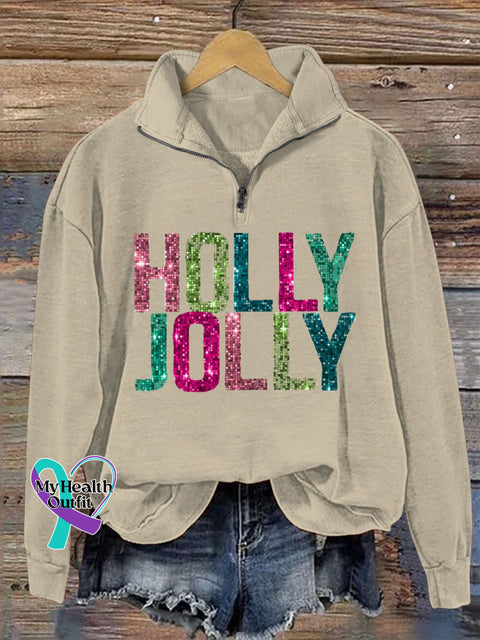 Holly Jolly Glitter Letter Christmas Print Casual Zipper Sweatshirt Sand / S
