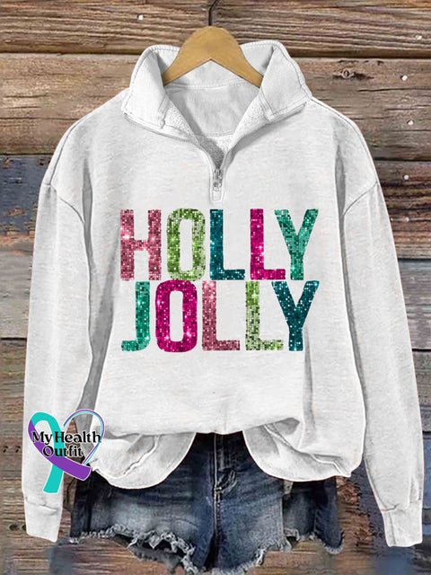 Holly Jolly Glitter Letter Christmas Print Casual Zipper Sweatshirt White / S