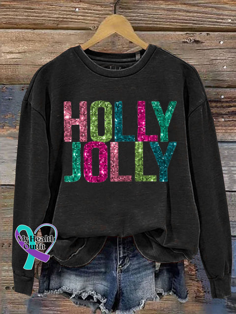 Holy Jolly Gilltter Christmas Letter Print Sweatshirt Black / S