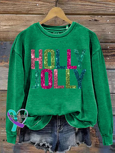 Holy Jolly Gilltter Christmas Letter Print Sweatshirt Green / S