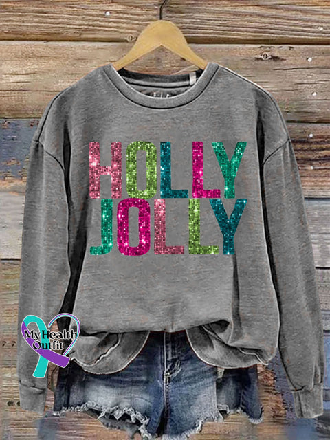 Holy Jolly Gilltter Christmas Letter Print Sweatshirt Grey / S