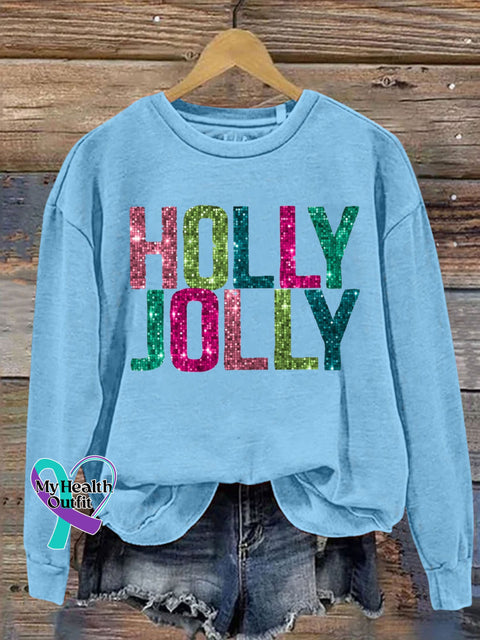 Holy Jolly Gilltter Christmas Letter Print Sweatshirt Lightblue / S