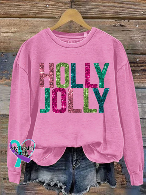 Holy Jolly Gilltter Christmas Letter Print Sweatshirt Pink / S