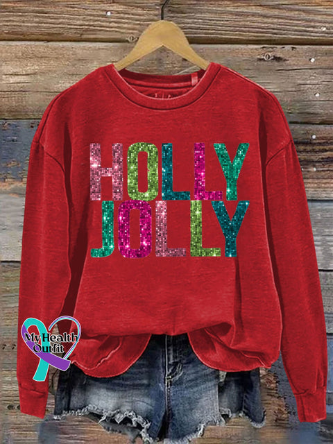 Holy Jolly Gilltter Christmas Letter Print Sweatshirt Red / S