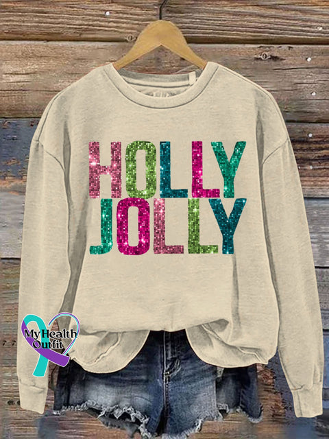 Holy Jolly Gilltter Christmas Letter Print Sweatshirt Sand / S