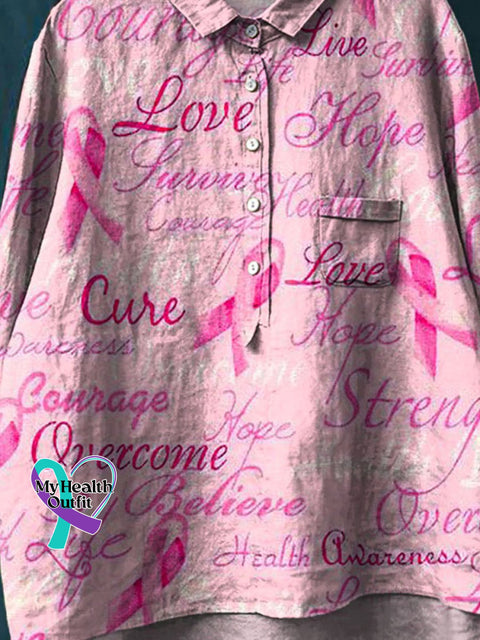 Hope Love Overcome Breast Cancer Awareness Art Print Casual Cotton And Linen Shirt