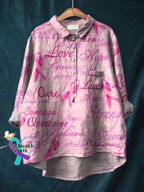 Hope Love Overcome Breast Cancer Awareness Art Print Casual Cotton And Linen Shirt Pink / S