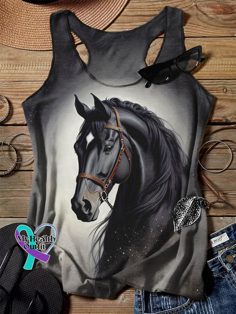 Horse Art Design Print Tank Top Black / S