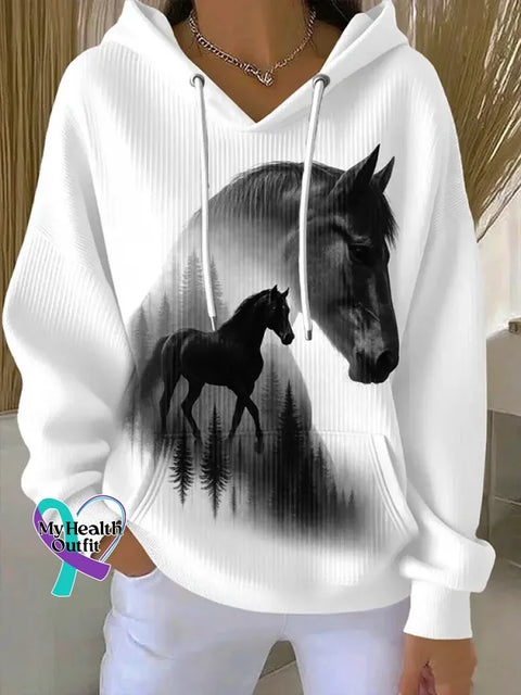 Horse Print Casual Hoodie Sweatshirt Multicolor / S