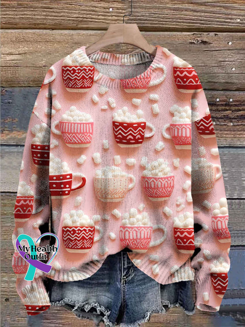 Hot Cocoa Marshmallows Print Knit Pullover Sweater Pink / S