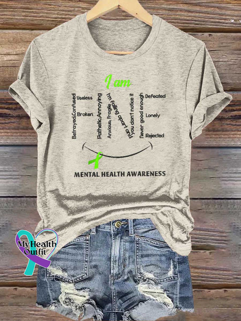 I Am FINE Green Ribbon MENTAL HEALTH AWARENESS T-shirt Sand / S