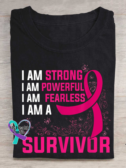 I AM STRONG I AM POWERFUL I AM FEARLESS I AM A SURVIVOR Breast Cancer Awareness T-shirt Black / S