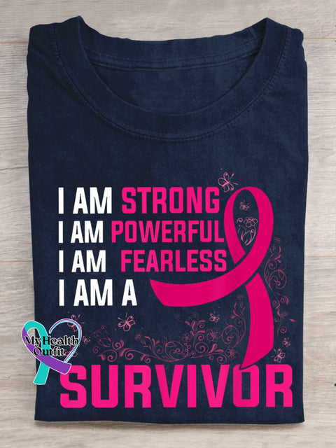 I AM STRONG I AM POWERFUL I AM FEARLESS I AM A SURVIVOR Breast Cancer Awareness T-shirt Blue / S