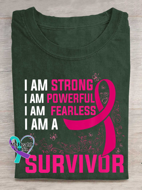 I AM STRONG I AM POWERFUL I AM FEARLESS I AM A SURVIVOR Breast Cancer Awareness T-shirt Green / S