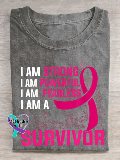 I AM STRONG I AM POWERFUL I AM FEARLESS I AM A SURVIVOR Breast Cancer Awareness T-shirt Grey / S