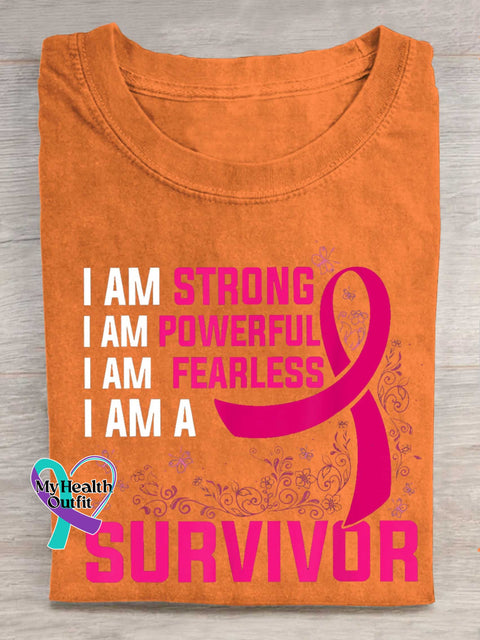 I AM STRONG I AM POWERFUL I AM FEARLESS I AM A SURVIVOR Breast Cancer Awareness T-shirt Orange / S