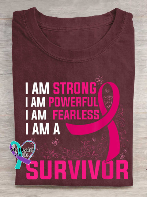 I AM STRONG I AM POWERFUL I AM FEARLESS I AM A SURVIVOR Breast Cancer Awareness T-shirt Red / S