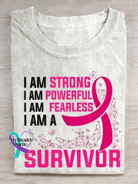 I AM STRONG I AM POWERFUL I AM FEARLESS I AM A SURVIVOR Breast Cancer Awareness T-shirt White / S