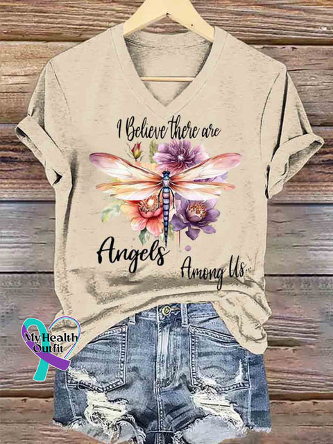 I Believe They Are Angles Dragonfly Art V neck Casual T Shirt Apricot / S