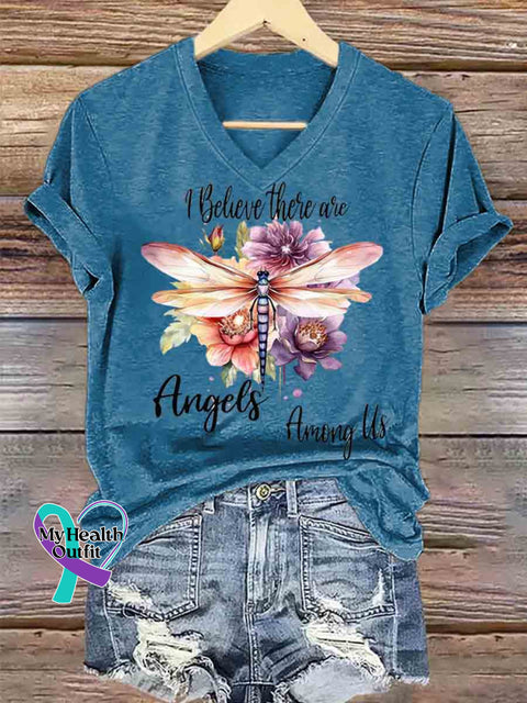 I Believe They Are Angles Dragonfly Art V neck Casual T Shirt Blue / S