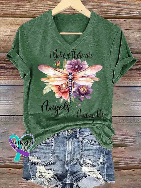 I Believe They Are Angles Dragonfly Art V neck Casual T Shirt Green / S