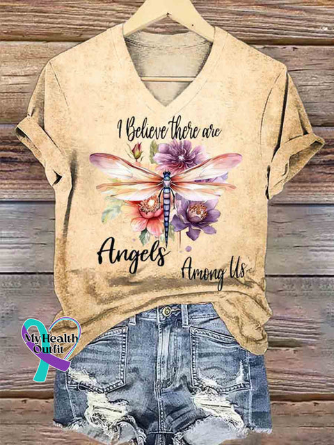 I Believe They Are Angles Dragonfly Art V neck Casual T Shirt Khaki / S