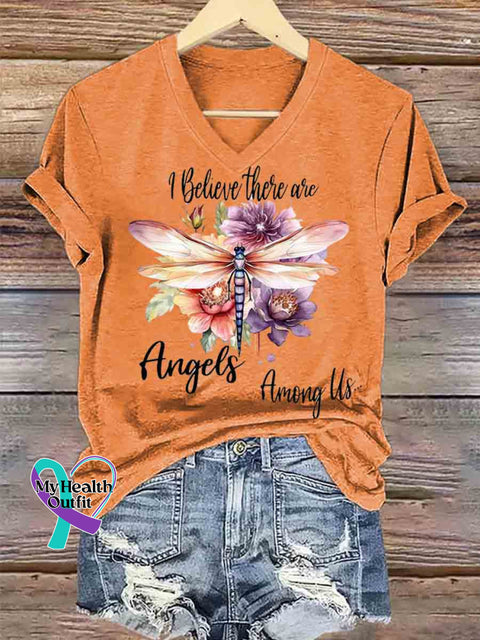 I Believe They Are Angles Dragonfly Art V neck Casual T Shirt Orange / S