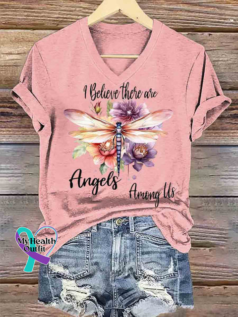 I Believe They Are Angles Dragonfly Art V neck Casual T Shirt Pink / S