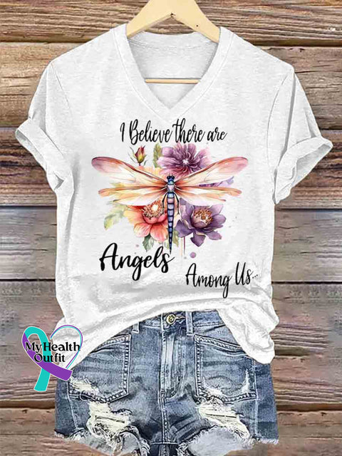 I Believe They Are Angles Dragonfly Art V neck Casual T Shirt White / S
