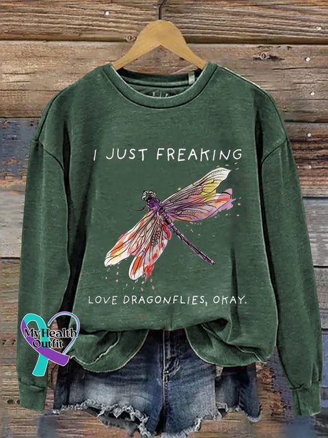 I Just Freaking Love Dragonflies Okay Print Casual Sweatshirt Green / S