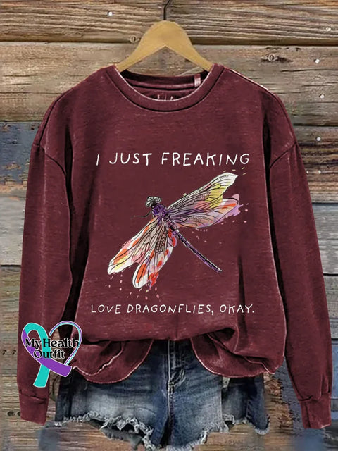 I Just Freaking Love Dragonflies Okay Print Casual Sweatshirt Red / S