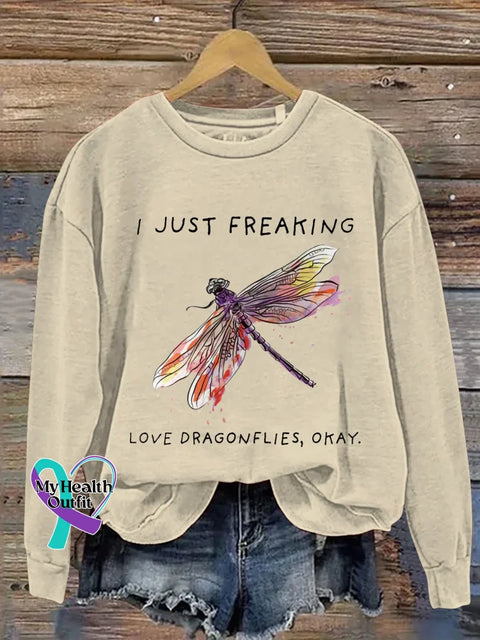 I Just Freaking Love Dragonflies Okay Print Casual Sweatshirt Sand / S
