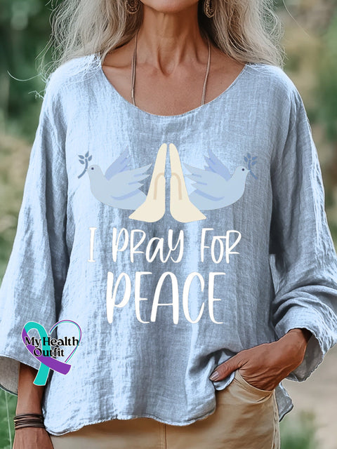 I Pray For Peace Printed Cotton Linen Long Sleeve Shirt Multicolor / S