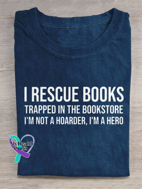 I Rescue Books Art Print Casual T-Shirt Blue / S