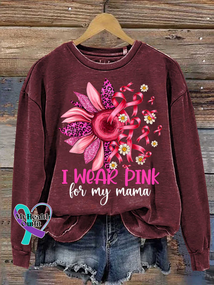 I WEAR PINK for My Mama Pink Ribbon Flower Breast Cancer Awareness Print Casual Sweatshirt Red / S