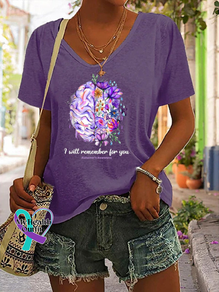 ’I Will Remember For You’ Alzheimer’s Awareness Texts And Brain Graphic Printed Women’s