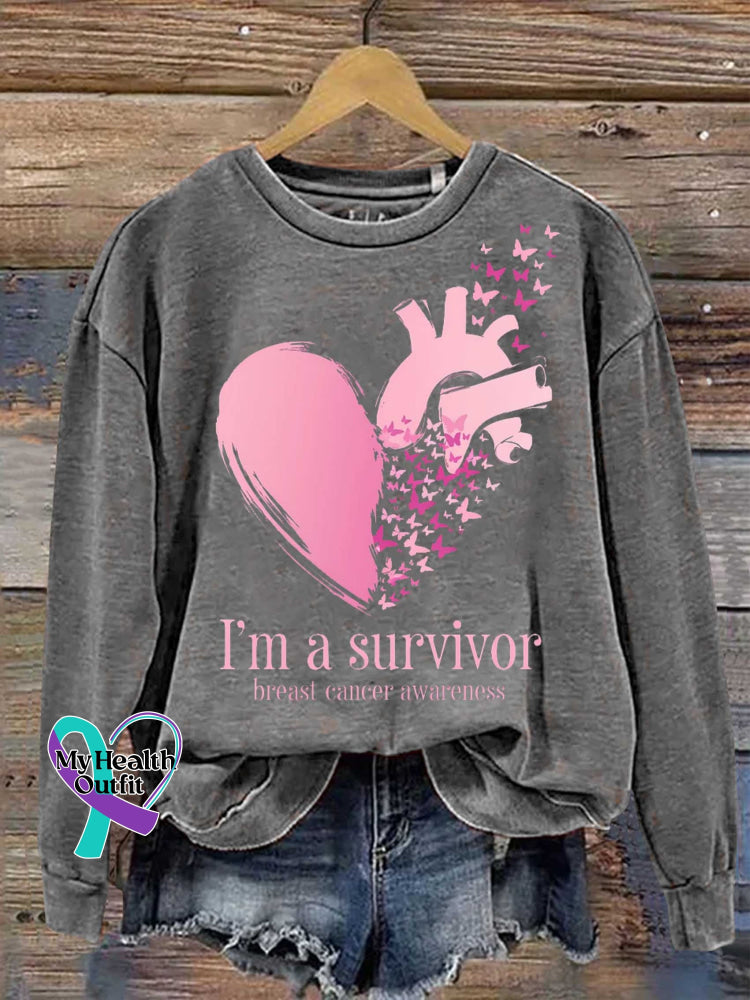 I’m A Survivor Breast Cancer Awareness Print Casual Sweatshirt Grey / S
