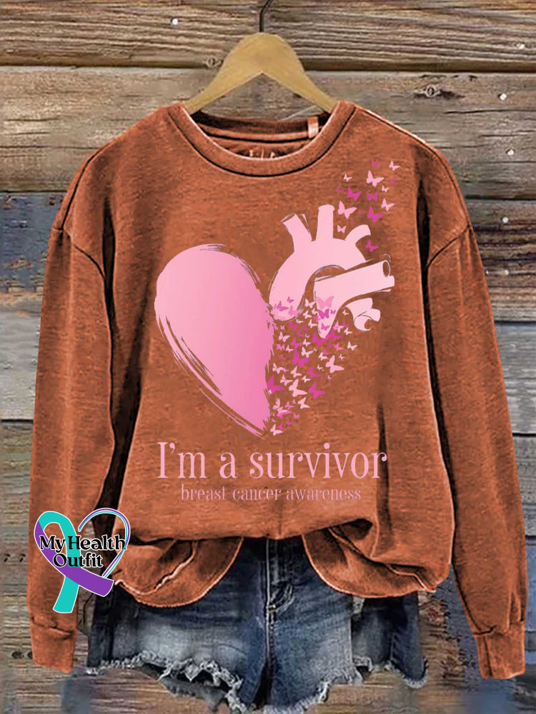I’m A Survivor Breast Cancer Awareness Print Casual Sweatshirt Orange / S