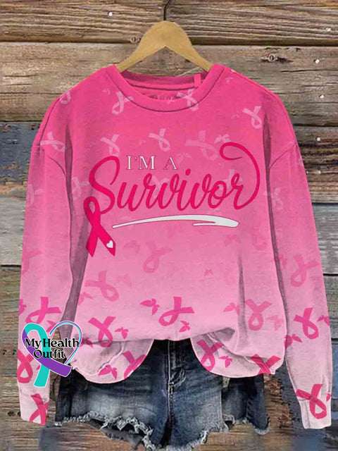 I’m A Survivor Breast Cancer Print Casual Long Sleeve Sweatshirt Pink / S