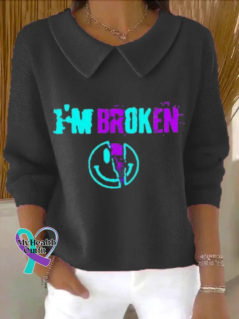 I’m Broken Art Print Casual Peter Pan Collar 3/4 Sleeve Sweat Black / S