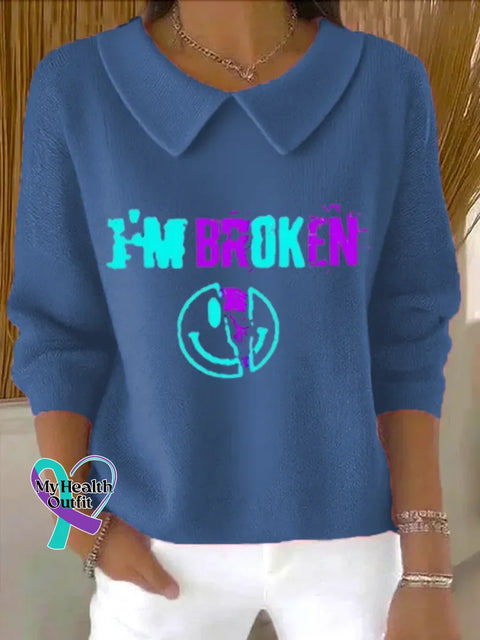 I’m Broken Art Print Casual Peter Pan Collar 3/4 Sleeve Sweat Blue / S