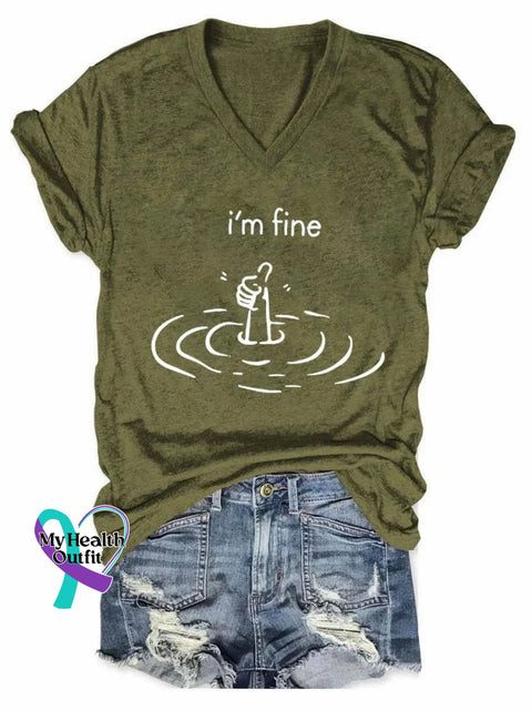 I’m Fine Art Print V-Neck Casual T-Shirt Olive Green / S