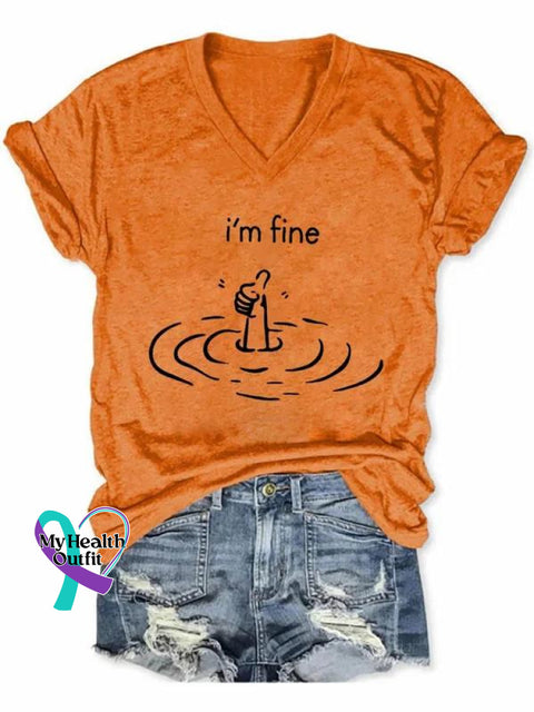I’m Fine Art Print V-Neck Casual T-Shirt Orange / S