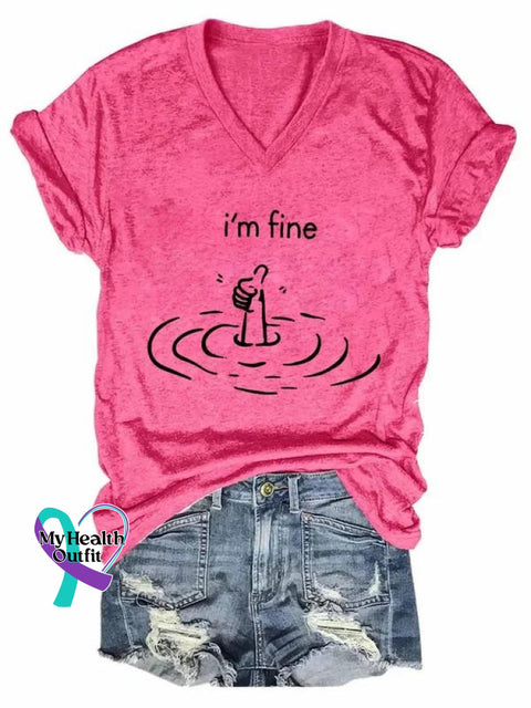 I’m Fine Art Print V-Neck Casual T-Shirt Pink / S