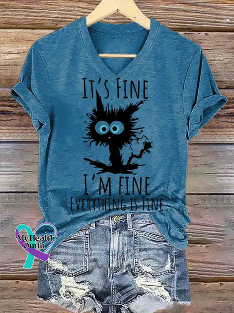 I’m Fine Art V-neck Casual T-Shirt Blue / S