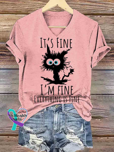 I’m Fine Art V-neck Casual T-Shirt Pink / S