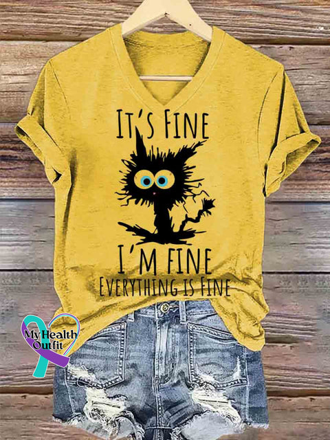 I’m Fine Art V-neck Casual T-Shirt Yellow / S