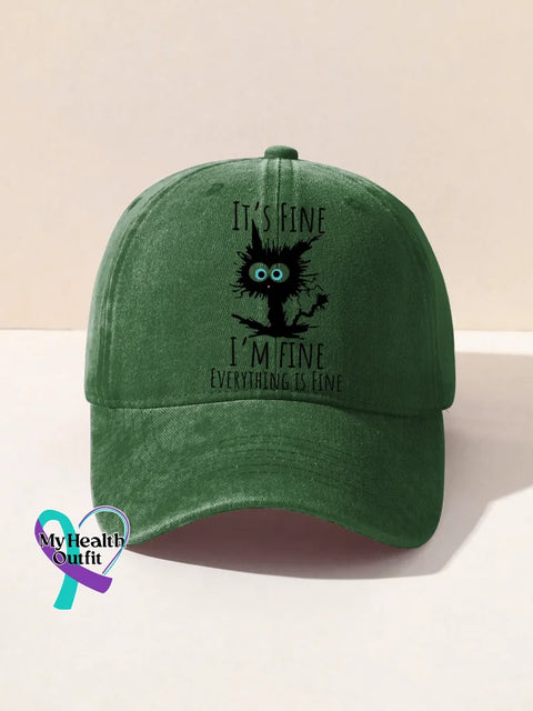 I’m Fine Funny Cat Art Baseball Cap Green / Onesize