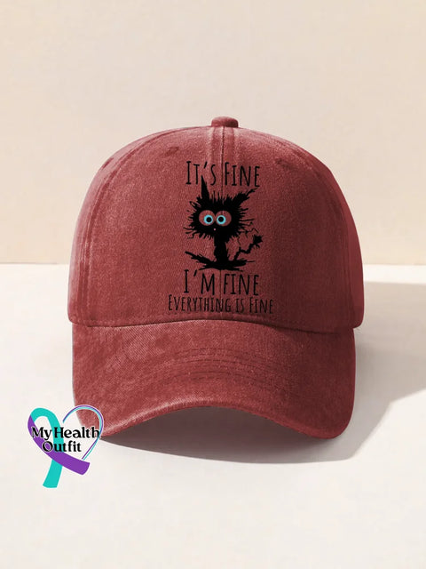 I’m Fine Funny Cat Art Baseball Cap Red / Onesize